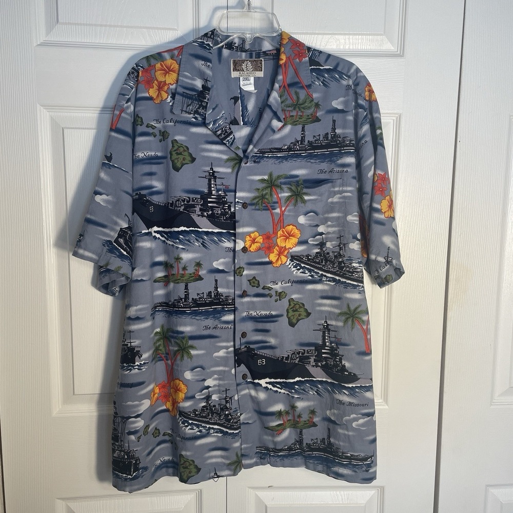 Vintage Kalaheo Hawaiian Shirt Men 2XL Gray Floral WWII Battleships USS Arizona